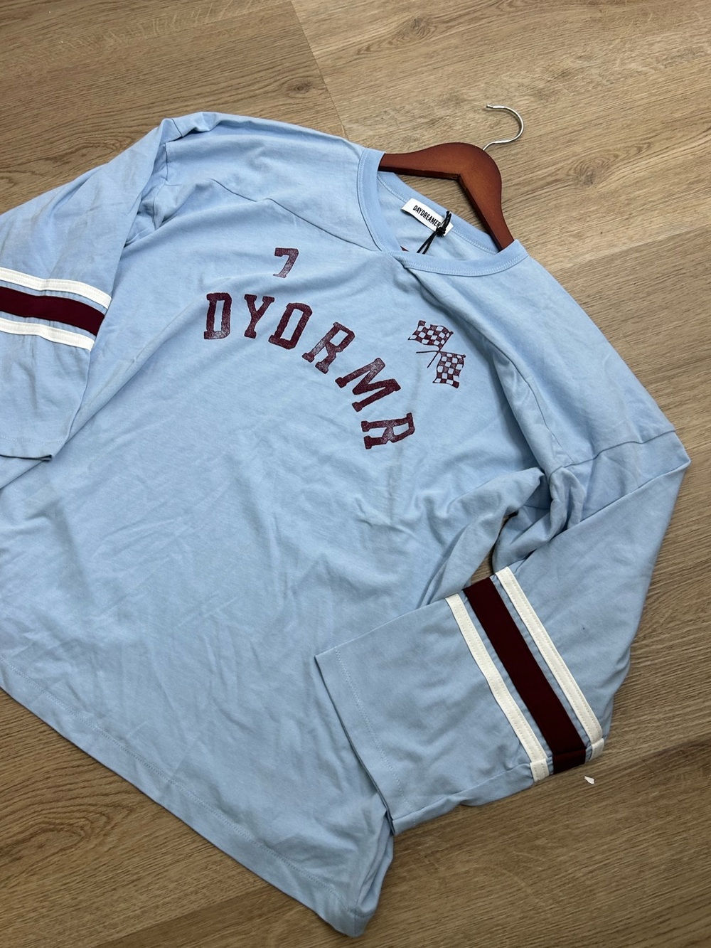 NWT Daydreamer 100% Cotton Baby Blue Oversized Varsity Style Long Sleeve Top